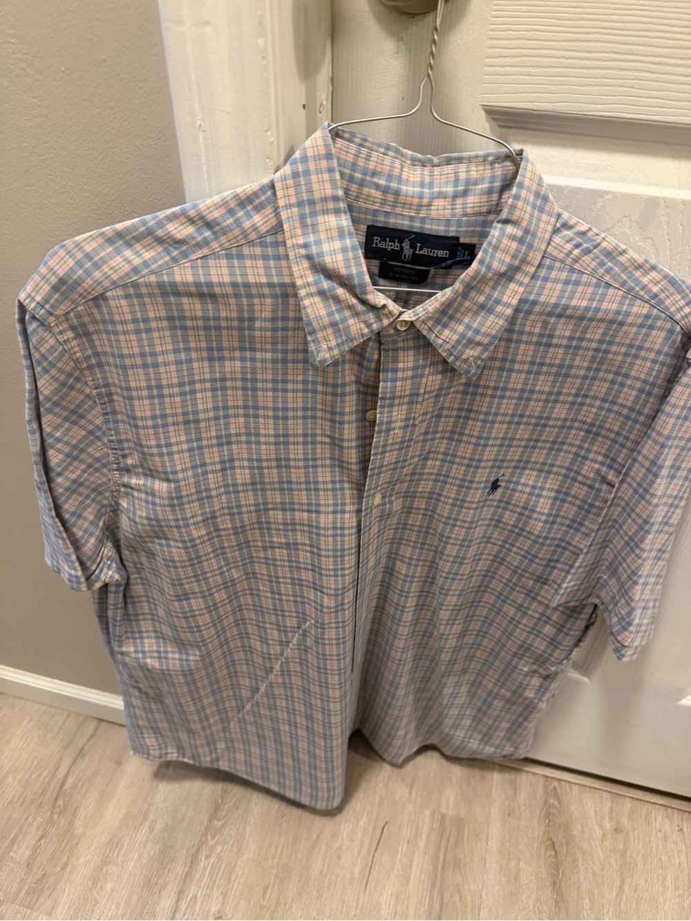 Ralph Lauren Light Blue & Peach Plaid Short-Sleeve Button-Down Shirt